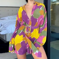 2022 floral print long sleeved dress womens lace up belted shirt beach summer spring sexy v neck casual mini dress vacation