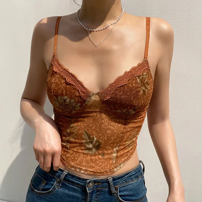 

Кроп-топ женский с тюлевым принтом, пикантная облегающая блузка в стиле Харадзюку, короткая майка, пляжный жилет на бретелях-спагетти, коричневого цвета, Y2K, лето 2023