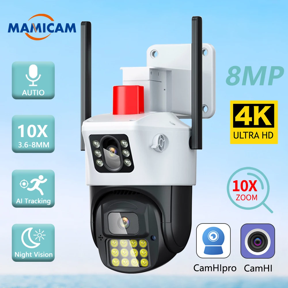 8MP 4K WiFi IP Camera Dual Lens Dual Screen PTZ Outdoor Security CCTV Video Surveillance Camera Police Light Alarm Camhi APP