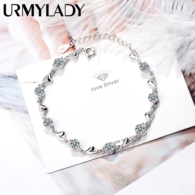 

925 Sterling Silver Zircon Love Heart Shaped Bracelets crystals chain For Women Valentines Gift Wedding party charms Jewelry