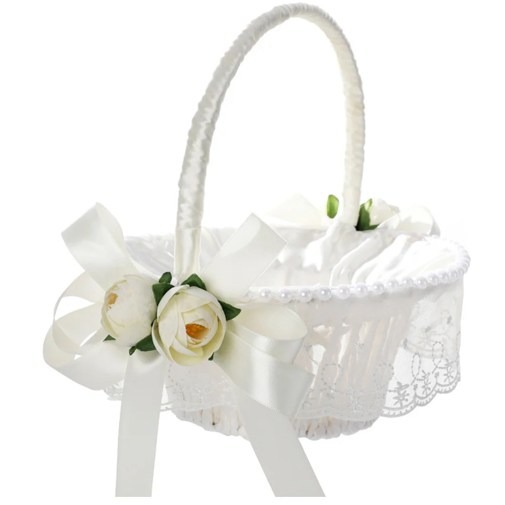 

Rose Petals Basket Romantic Ribbon Flower Girl Basket for Wedding Ceremony