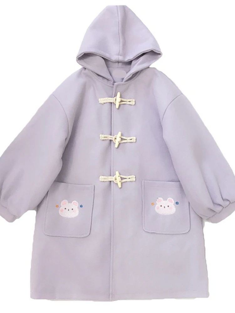 

Merry Pretty Winter Kawaii Wool Blend Purple Coat Women Mori Girl Cute Bunny Rabbit Woolen Jacket Teens Warm Long Outerwear