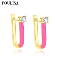 poulisa elegant geometric rectangle enamel hoop earrings for women gift fashion jewelry white cubic zircon earrings wholesale