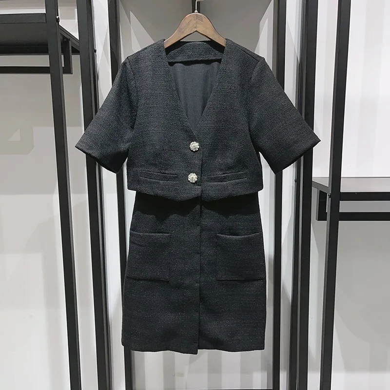 

2023 Early Autumn Tweed V-neck Fake Two-Piece Short Dress