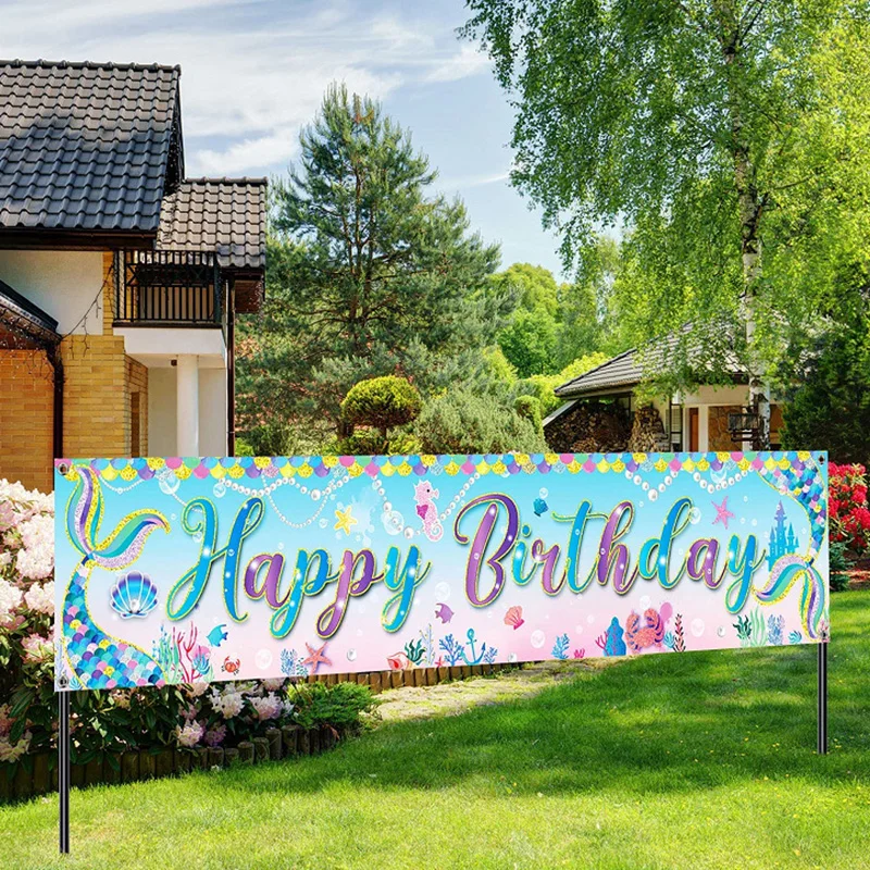 

Mermaid Theme Happy Birthday Banner Mermaid Tail Under the Sea Animal Print Hanging Ornament Baby Shower Kids Birthday Decor