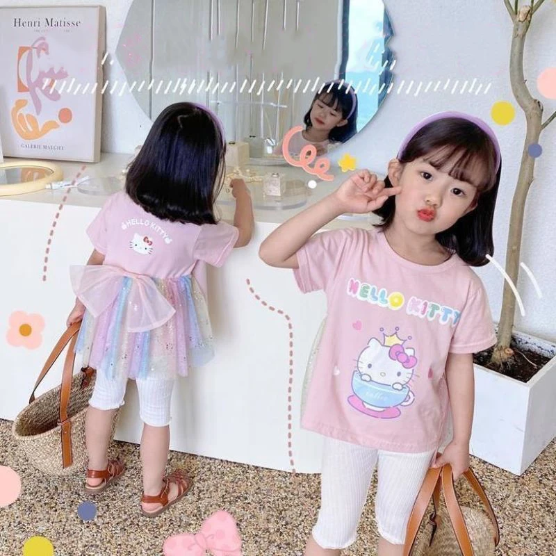 

Cute Cartoon Sanrioed Hellokittys 2022 New Summer Girl Gradient Mesh Pink Short Sleeve T-shirt Bow Lovely Fashion Short Sleeve