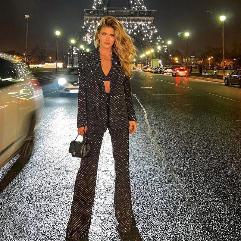 

High Quality 3 Piece Sets Blazer Pants Suits Women Black Bling Fashion INS Single Button Long Blazer Flared Pants Formal Sets