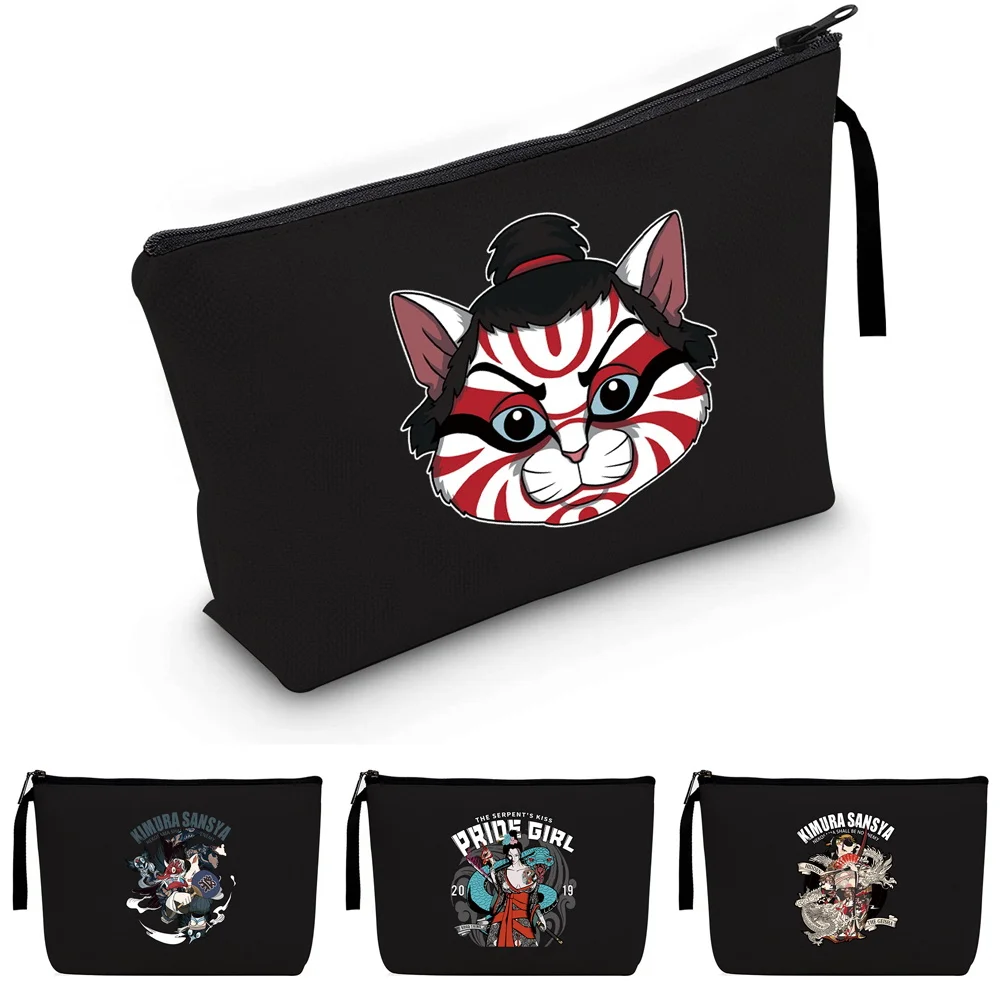 

2022 Outdoor Women Makeup Bag Samurai Print Canvas Cosmetic Bag Toiletries Organizer Storage Make Up Cases Zipper Portable Purse