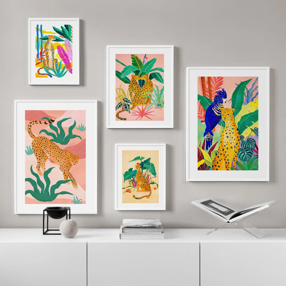 

Boho Abstract Nordic Poster Couple Leopard Tropical Plants Wall Art Print Canvas Painting Wall Pictures For Living Room Decor