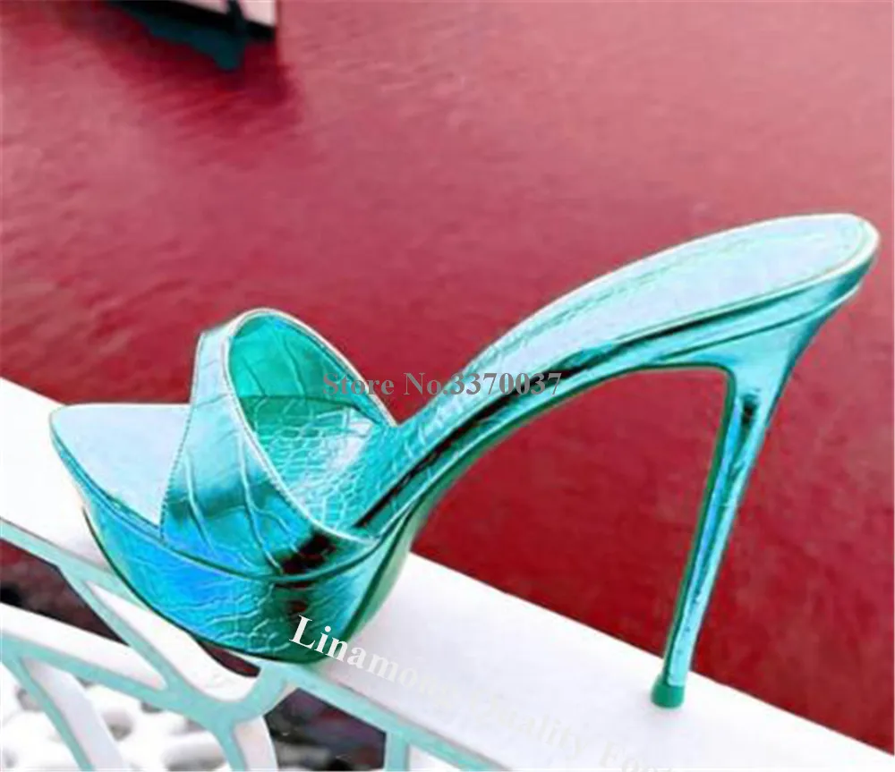 Linamong Gold Blue Snake Leather Platform Thin Heel Slippers Newest Slip-on Pointed Open Toe Stiletto Heel Sandals Party Heels