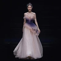 new gradient purple evening dress a line beading pleated tiered strapless ruffle sequined long tulle prom party homecoming gown