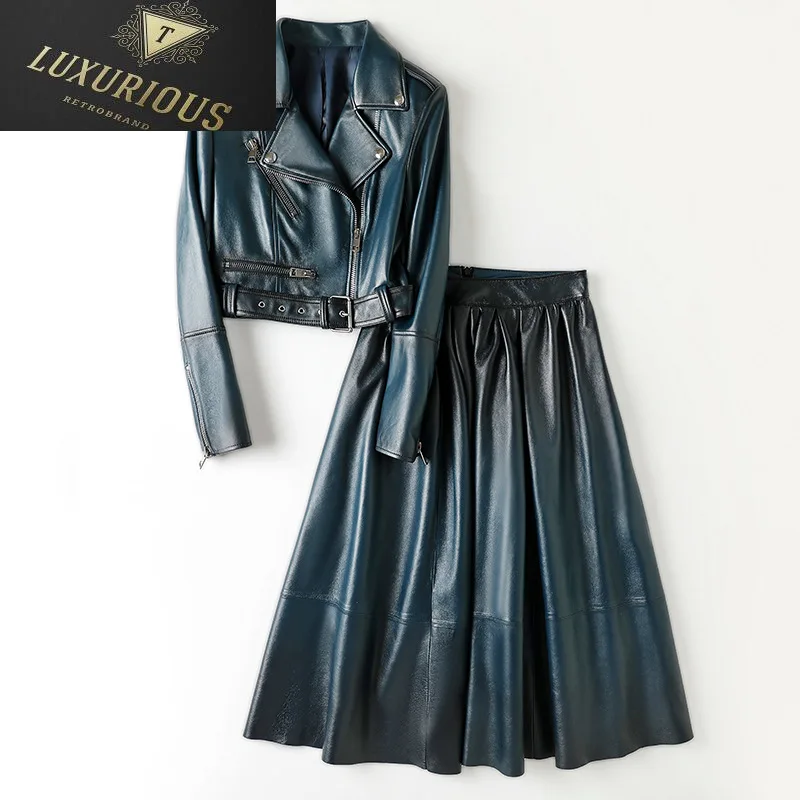 

Women Sheep Leather Clothes Fashion Gradient Colors Short Zipper Motorcycle Jackets & High Waist Skirts Real