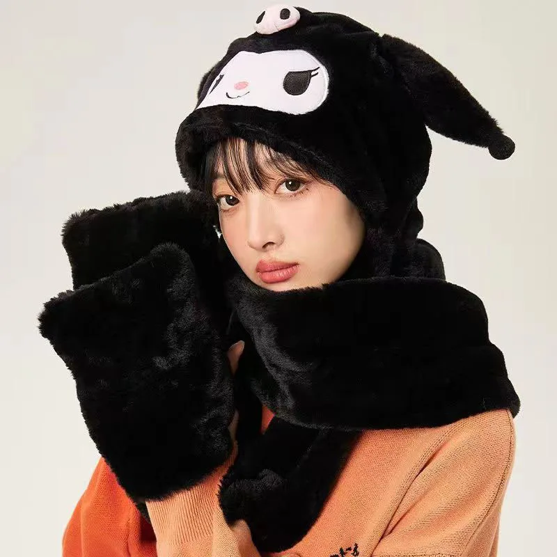 

Kawaii Sanrio Big Ears Outdoor Keep Warm Winter Cap Melody Kuromi Cinnamoroll Cute Cartoon Anime Plush Gift Hat Scarf Set