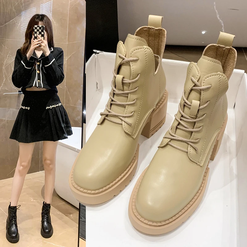 Мотоциклетные ботинки дизайнерские на платформе и массивном каблуке зимние