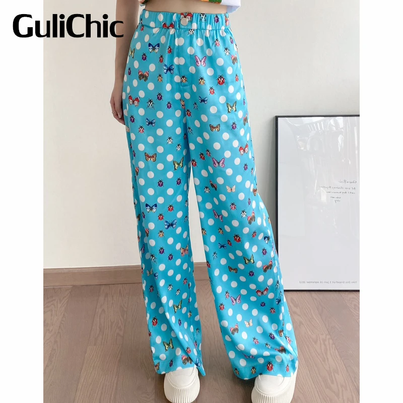 

6.27 GuliChic Women Comfortable Loose Elastic High Waist Butterfly Ladybird Polka Dot Pattern Print Wide Leg Pants