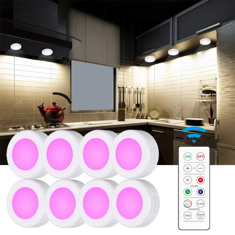 

Under Cabinet Light Puck Lights LED Dimmable Battery Powered Counter Lights with Wireless Remote Controls for Kitchen Wardrobe
