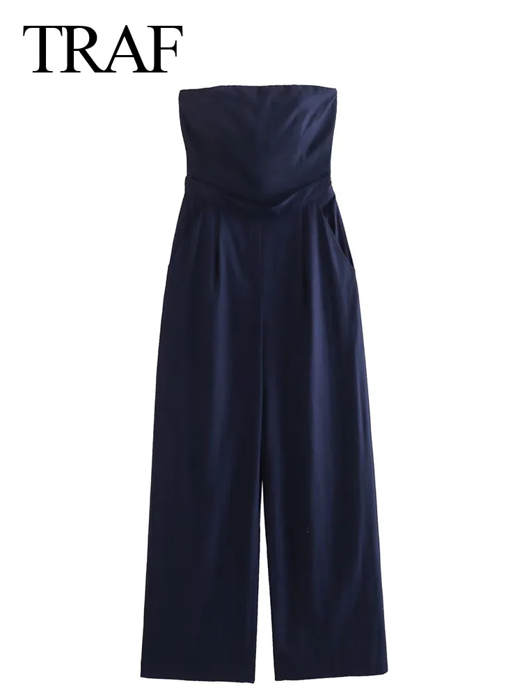 

TRAF 2023 Summer Elegant Woman Sexy Backless Sleeveless Wide Leg Jumpsuits Women's Black Casual Slim Streetwear Jumpsuits