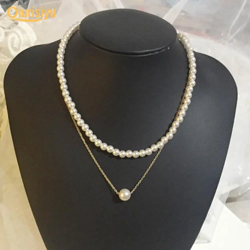 

Women Girl Double Layer Faux Pearl Clavicle Necklace