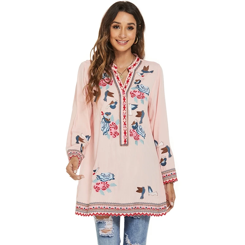 

Женская Длинная блузка с цветочной вышивкой, в этническом стиле