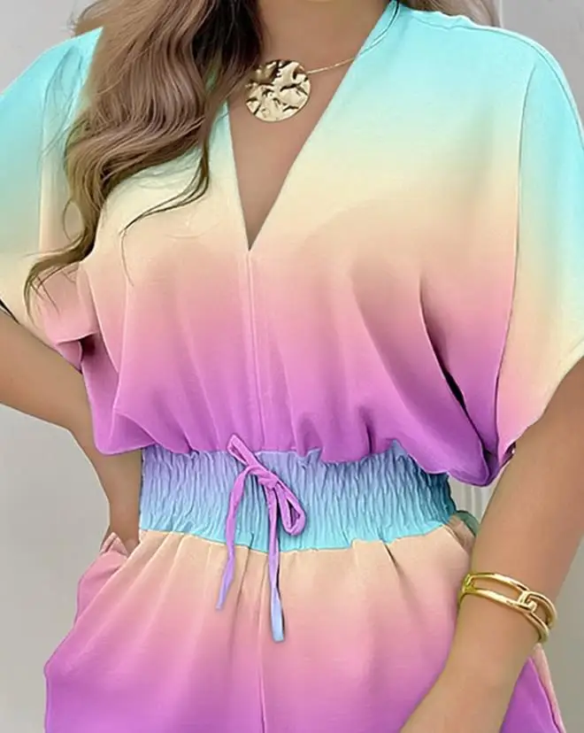 

Jumpsuit Women Short 2023 Summer New Fashion Casual Gradient V-Neck Short Sleeve Ombre Batwing Sleeve Shirred Waist Romper Y2K