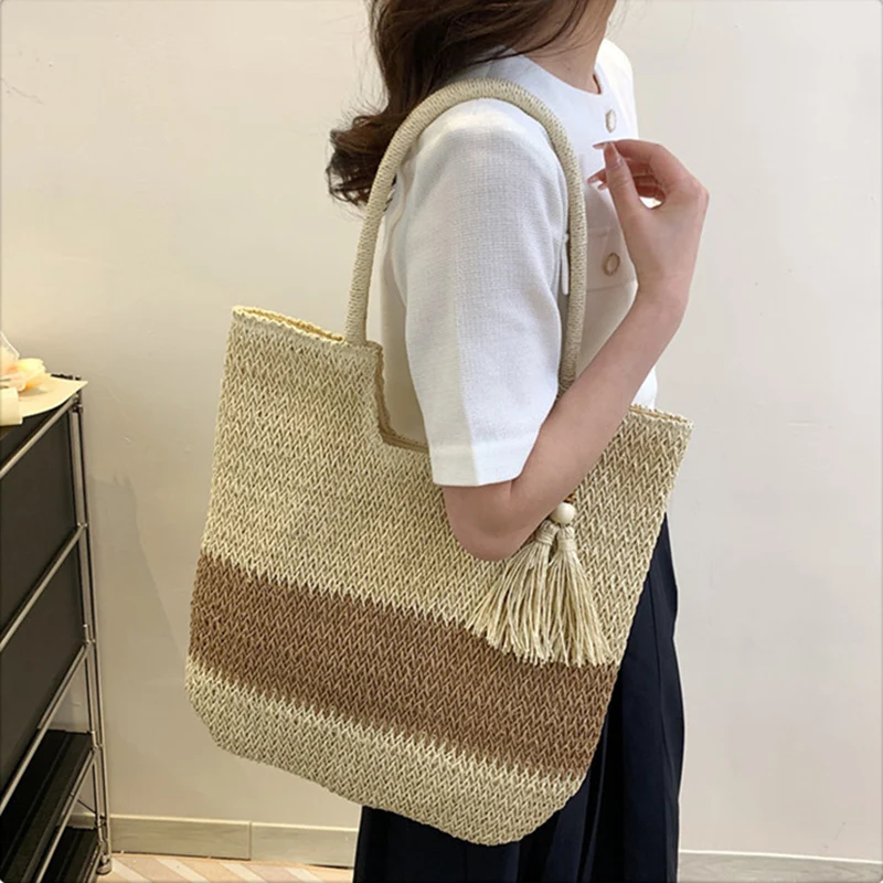 Bohemia Women Weave Straw Big Hit Color Tote Bag 2023 Summer Travel Beach Bags Handmade Lady Handbag Shoulder Side Bags