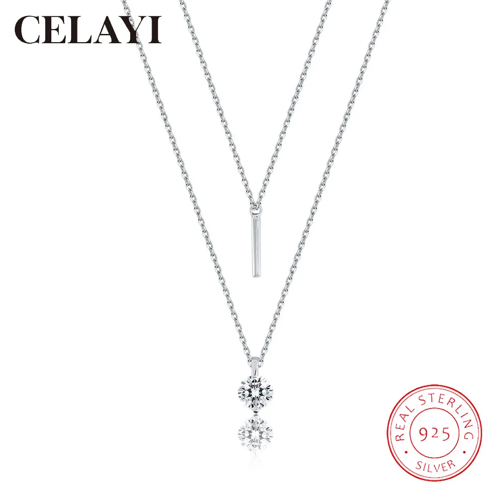 

CELAYI 925 Double Layer Necklace for Women 2022 New Fashion Simple Geometric Column Square Zircon Pendant Clavicle Chain Jewelry