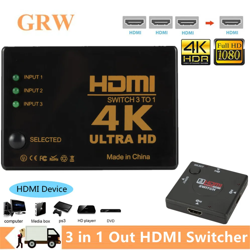 

Grwibeou 4K 3x1 HDMI Switcher Adapter HD 1080P HDMI Cable Splitter 3 Input 1 Output Port HDMI Hub for Xbox DVD HDTV PC Laptop TV