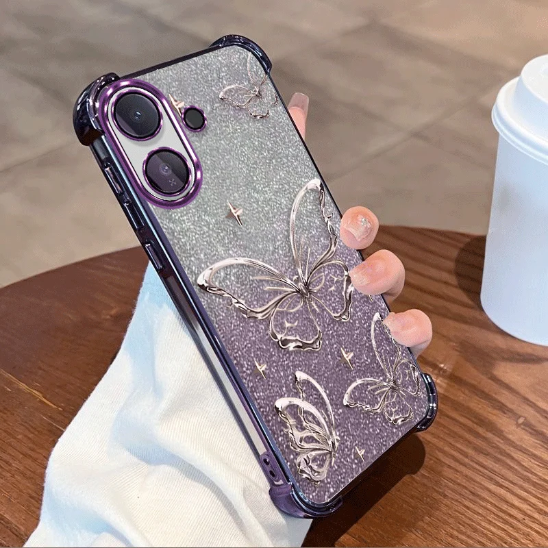 Фото Блестящий защитный чехол для Vivo V70 Lite 5G V70 FE, гибкий TPU-чехол с противоударной защитой по четырем углам и узором в виде бабочек. №1