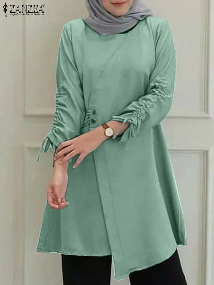 

Vintage Dubai Turkey Abaya Hijab Blouse 2023 ZANZEA Casual Muslim Shirt Solid Women Long Sleeve Drawstring Tops Islamic Clothing