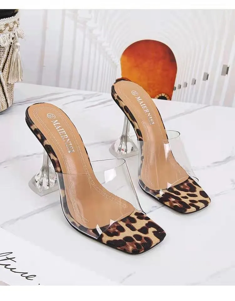 

Leopard Print Sandals Open Toe High Heels Women Transparent Perspex Slippers Shoes Heel Clear Sandals Gladiator Pvc Casual