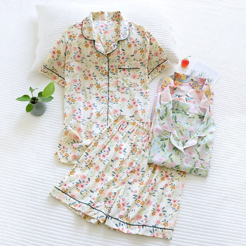 

Women's Summer Thin Pajamas Short-Sleeved Shorts Two-Piece Home Suit Cool Cotton Homewear Cardigan Pjs Women Pajama Shorts