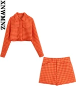 xnwmnz shorts set women 2022 fashion frayed hem tweed cropped jacket coat or tweed bermuda high waist shorts