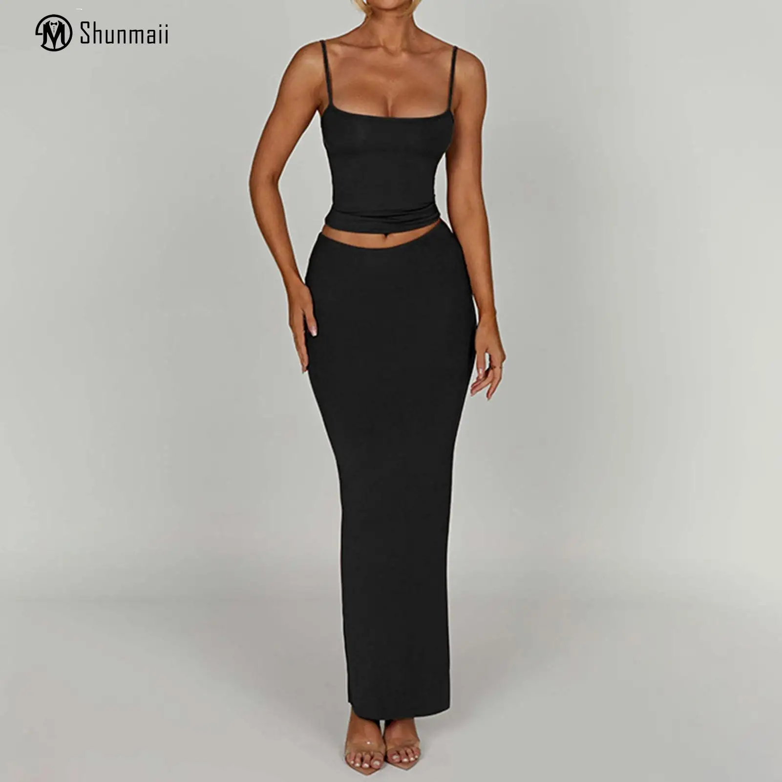 

Ladies Summer 2 Piece Set Women Spaghetti Strap Top Skirt Square Neck High Waisted Sexy Style Solid Color Daily Outfit