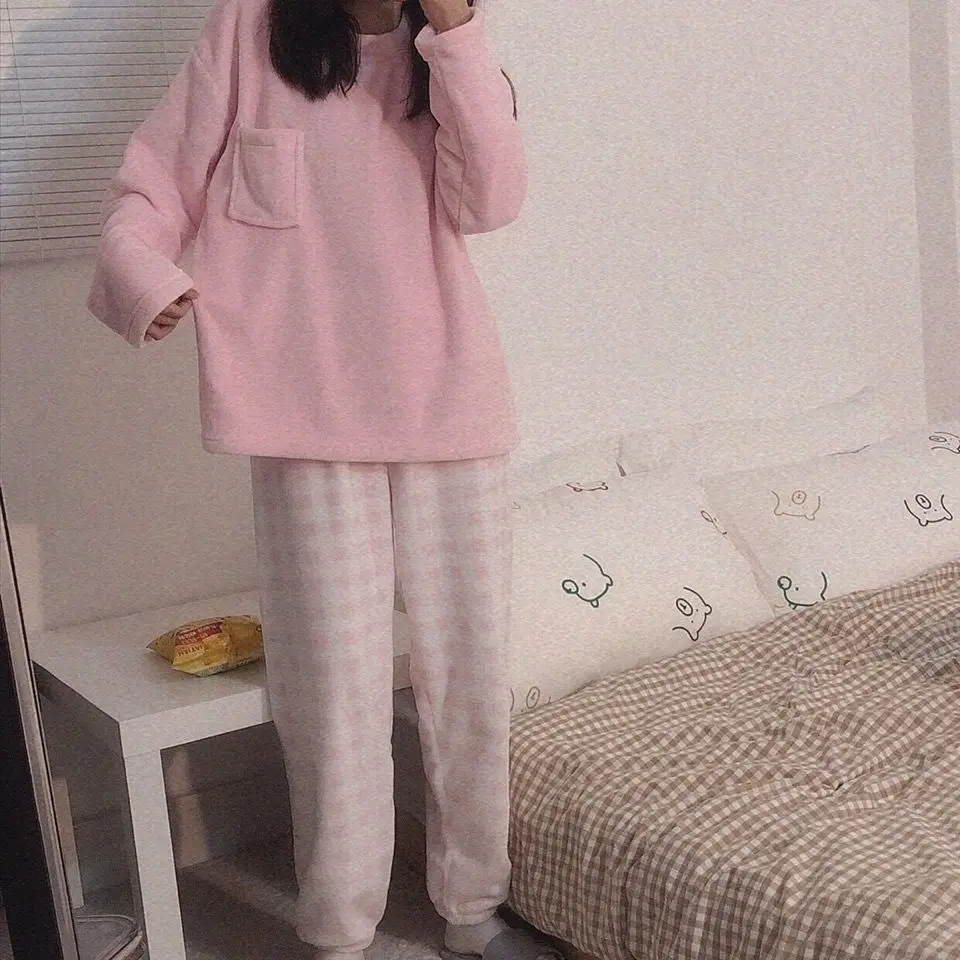 QWEEK Pajama Woman Winter Solid Color Coral Fleece Pijamas Plaid Bottoms Girls Home Clothes Lounge Wear Pyjamas Pour Femme Cute