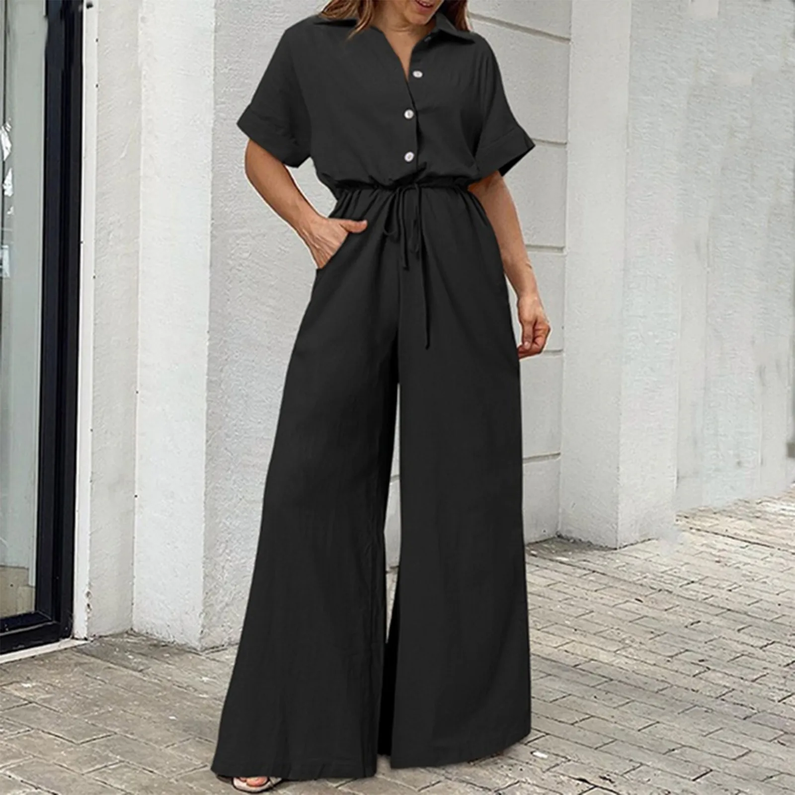 

Женский Длинный комбинезон с поясом, модный однотонный комбинезон с коротким рукавом и карманами, на пуговицах, элегантный комбинезон