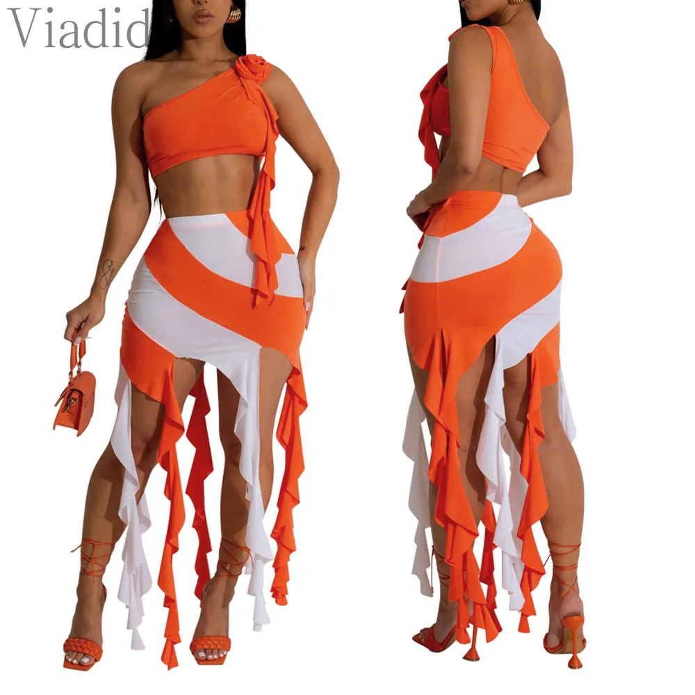 Женский сексуальный топ на одно плечо с принтом в полоску и высокой талией декор