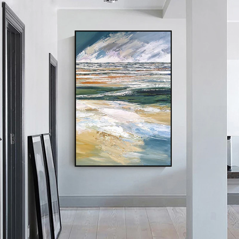 Abstract Wall Art On Canvas Oil Painted Handmade Beach Landscape Gold Painting Artwork for Living Bedroom Office Home Decor