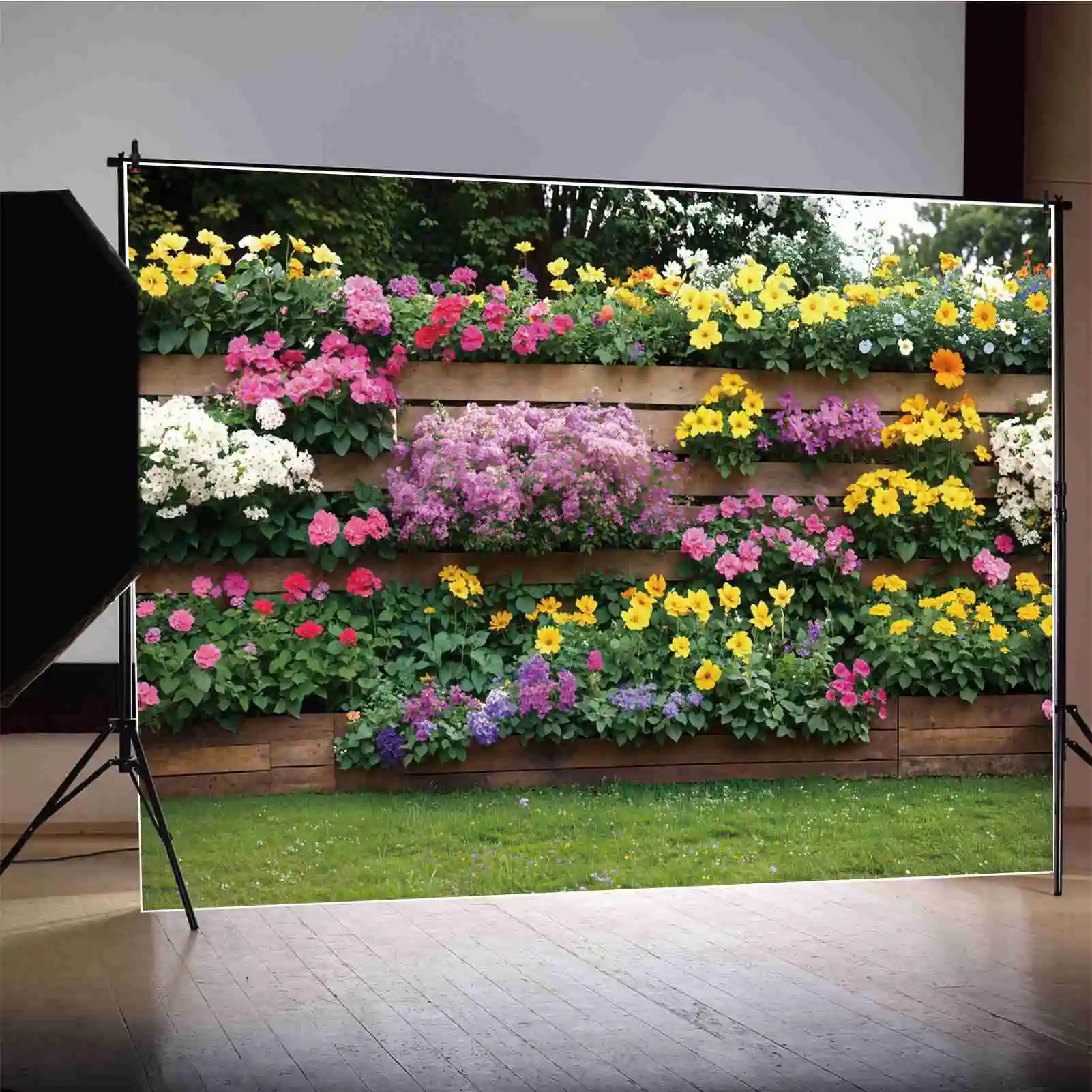 

Spring Garden Flowers Wall Photography Backdrops Outdoor Scenery Blossom Wooden Fence Custom Baby Photo Background Banners