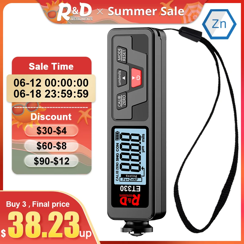 R&D ET330+Zn Car Paint Thickness Gauge Electroplate Metal Coating Thickness Gauge for Car 0-1500um Fe & NFe Coating Tester Meter