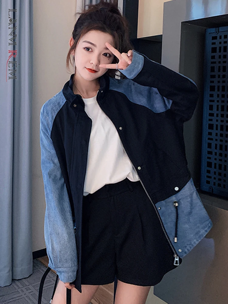 

LANMREM Streetwear Women Jackets Color Block Denim Patchwork Drawstring Design Fashion Coat 2023 Autumn New Clothing 2AA1402