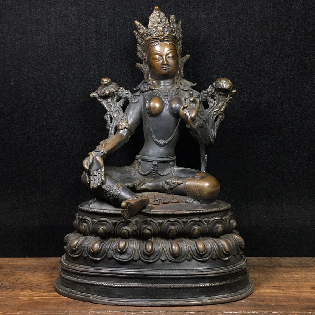 

12"Tibetan Temple Collection Old Bronze Cinnabar mud gold Green Tara lotus platform Sitting Buddha Town house Exorcism