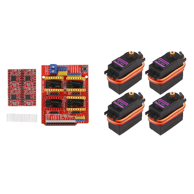 

Защитная плата 3D CNC для UNO R3 + 4 драйвера шагового двигателя A4988 с 4 аналоговыми серводвигателями MG996R