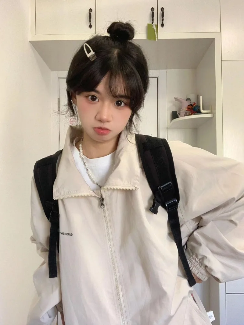 

Spring Vintage Outerwear Letter Casual Long Sleeve Loose Women Cargo Coats Safari High Street Jackets Preppy Style Harajuku