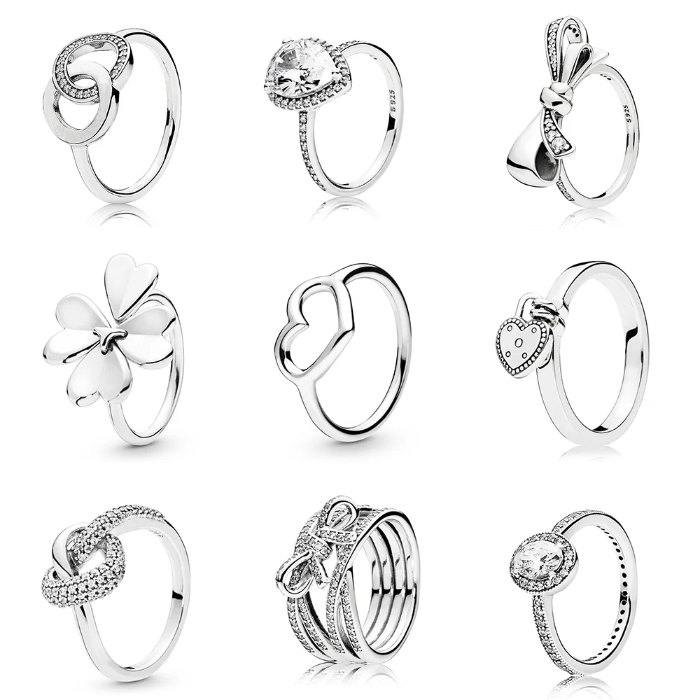 

925 Sterling Silver Ring Charms Fashion Bow Knot Cute Leaf Clover Finger Ring For Women Pandora Party Jewelry