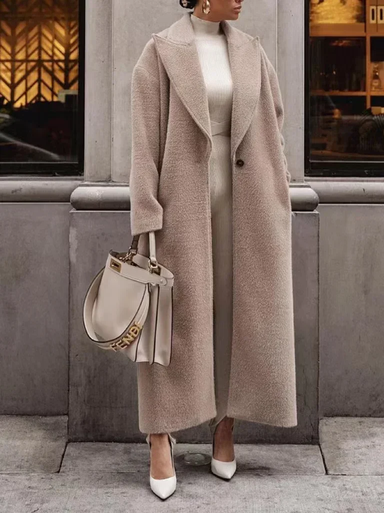 

2023 New Winter Women Lapel Woolen Long Coat Fashion Casual Pocket Single Button Jacket Autumn Office Lady Elegant Warm Overcoat