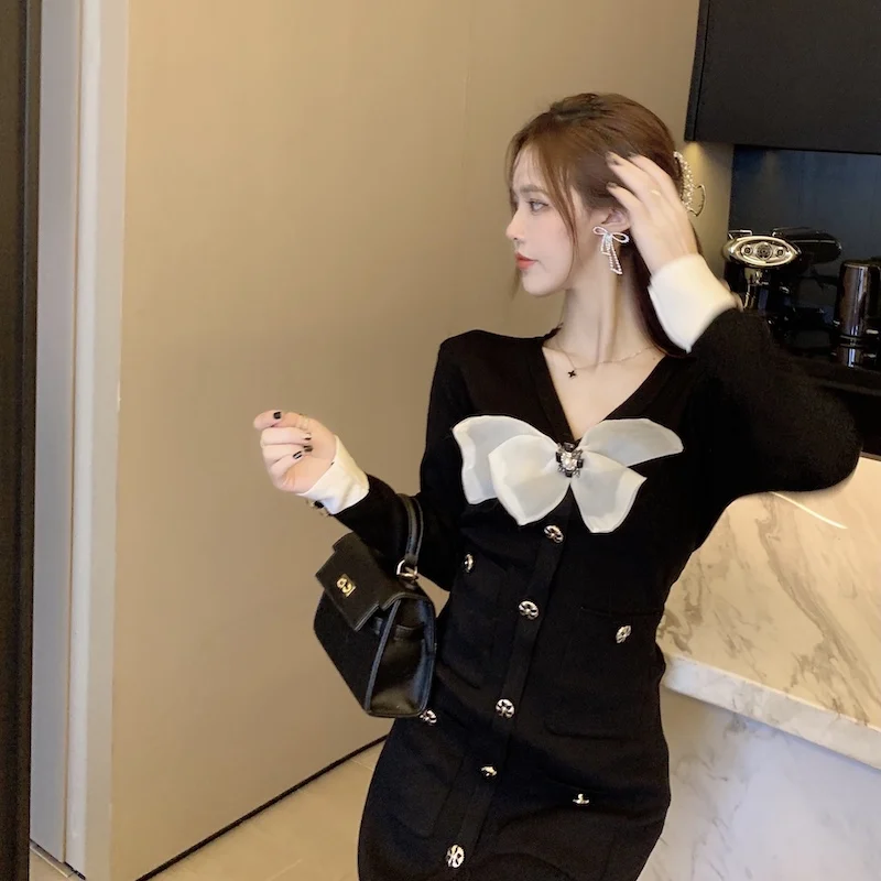 

Однобортное трикотажное платье-свитер с большим бантом, женское черное мини-платье, облегающее вечернее платье, элегантное женское офисное...