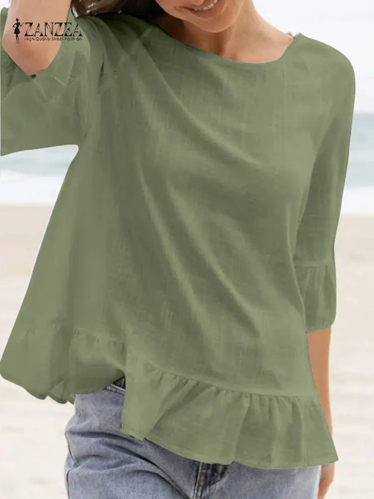 

Блузка ZANZEA женская с оборками, Модный повседневный однотонный топ с рукавом 2022, рубашка с круглым вырезом, туника оверсайз, лето 3/4