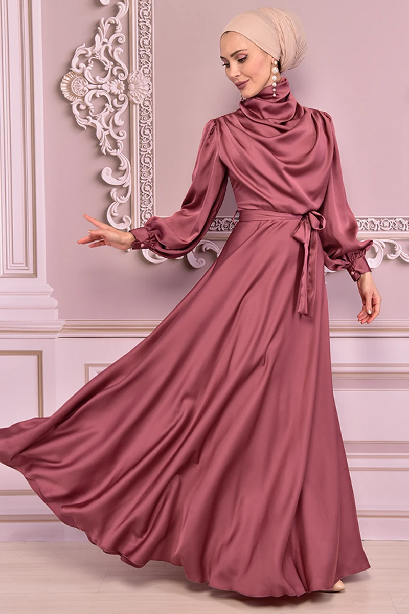 Атласное платье с поясом розовое платье Kurusu для женщин платье-абайя мусульманское женское платье Саудовская Арабская Абая с открытым верхо...