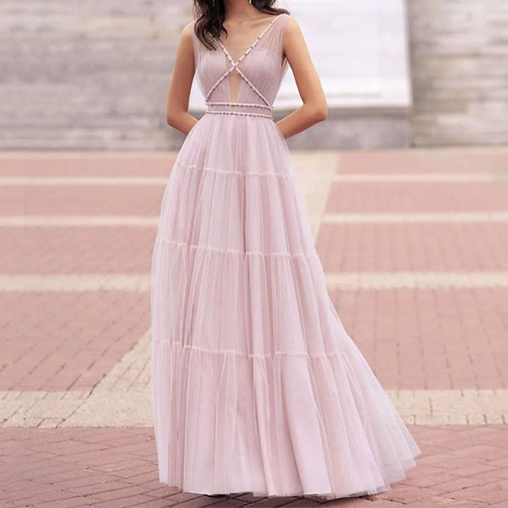 

Женское длинное вечернее платье, элегантное Тюлевое ТРАПЕЦИЕВИДНОЕ ПЛАТЬЕ С V-образным вырезом для выпускного вечера, лето 2022