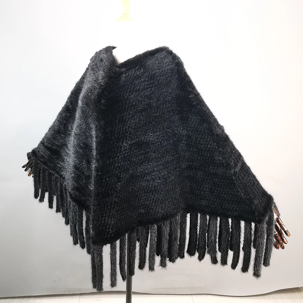 Женское меховое пончо зимние черные/коричневые вязаные шарфы из натурального